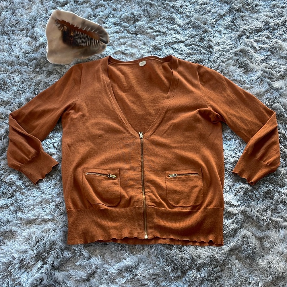 Brown V neck Zipper Sweater